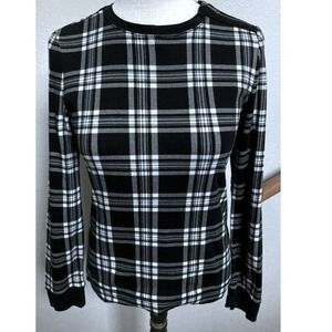 Lauren Jeans Co Crew Neck Top  L Black Plaid Elbow Patch Shoulder Zip Equestrian